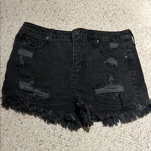 Distressed Black Denim Shorts